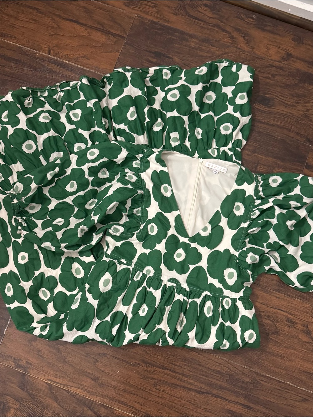 Karlie White Dress with Green Floral Print and Puff Sleeves